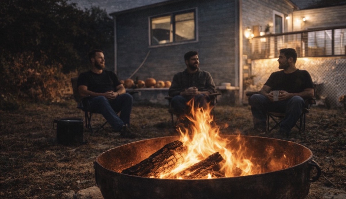 Residents connecting around a fire at Activity House