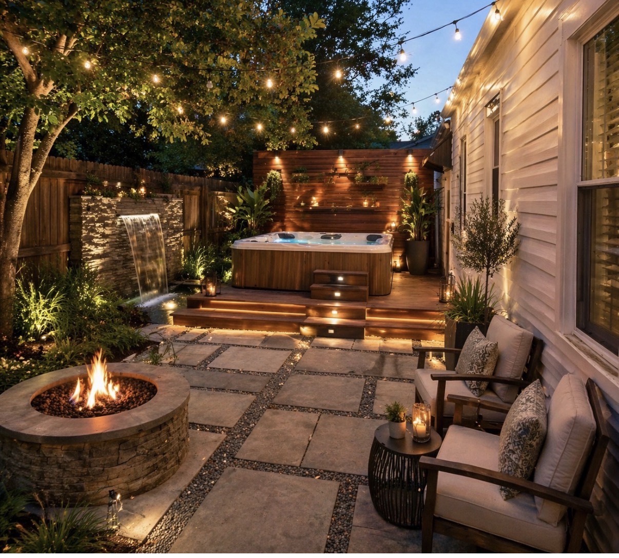 A renovated backyard with a fire pit, hot tub, seating, and landscape lighting