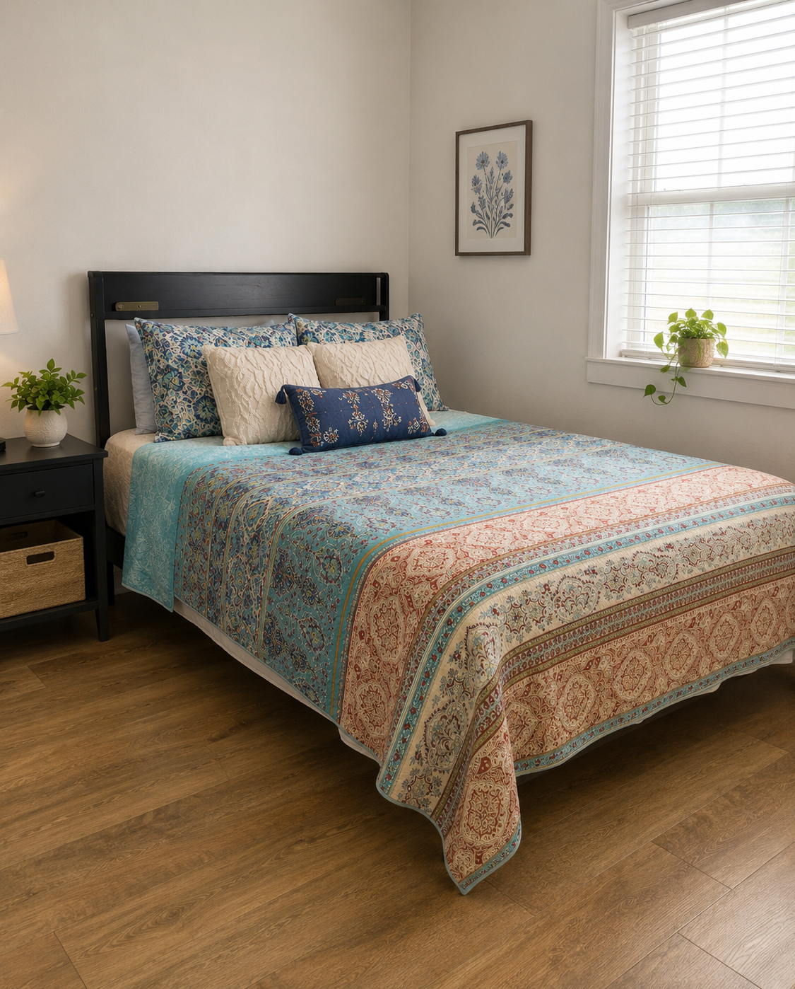 A bright, thoughtfully furnished bedroom inside Poetry House