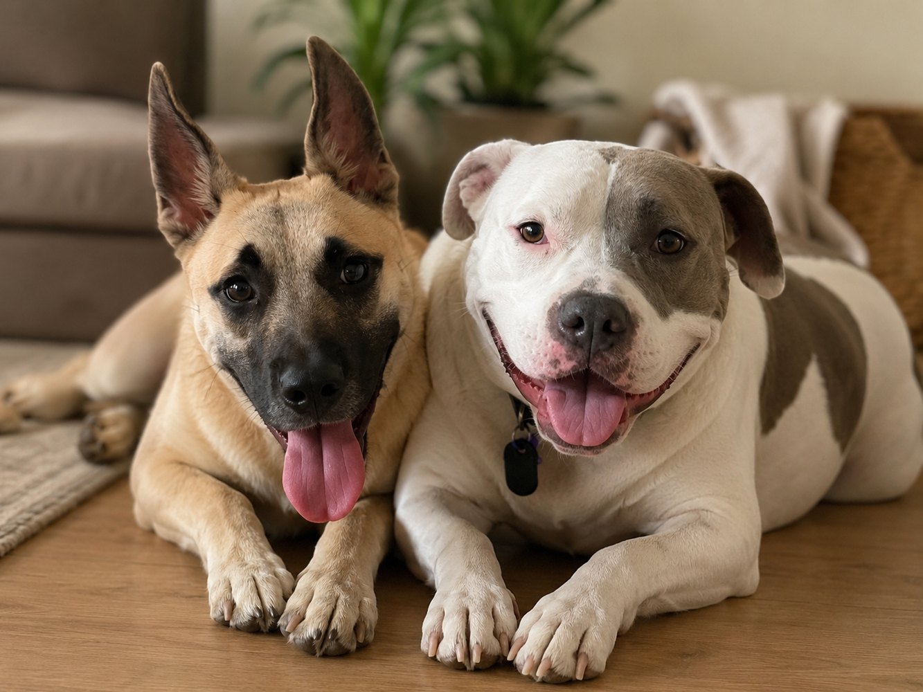Two dogs relaxing together inside Poetry House